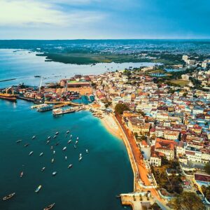 An aerial view of Stone Town and port of Zanzibar